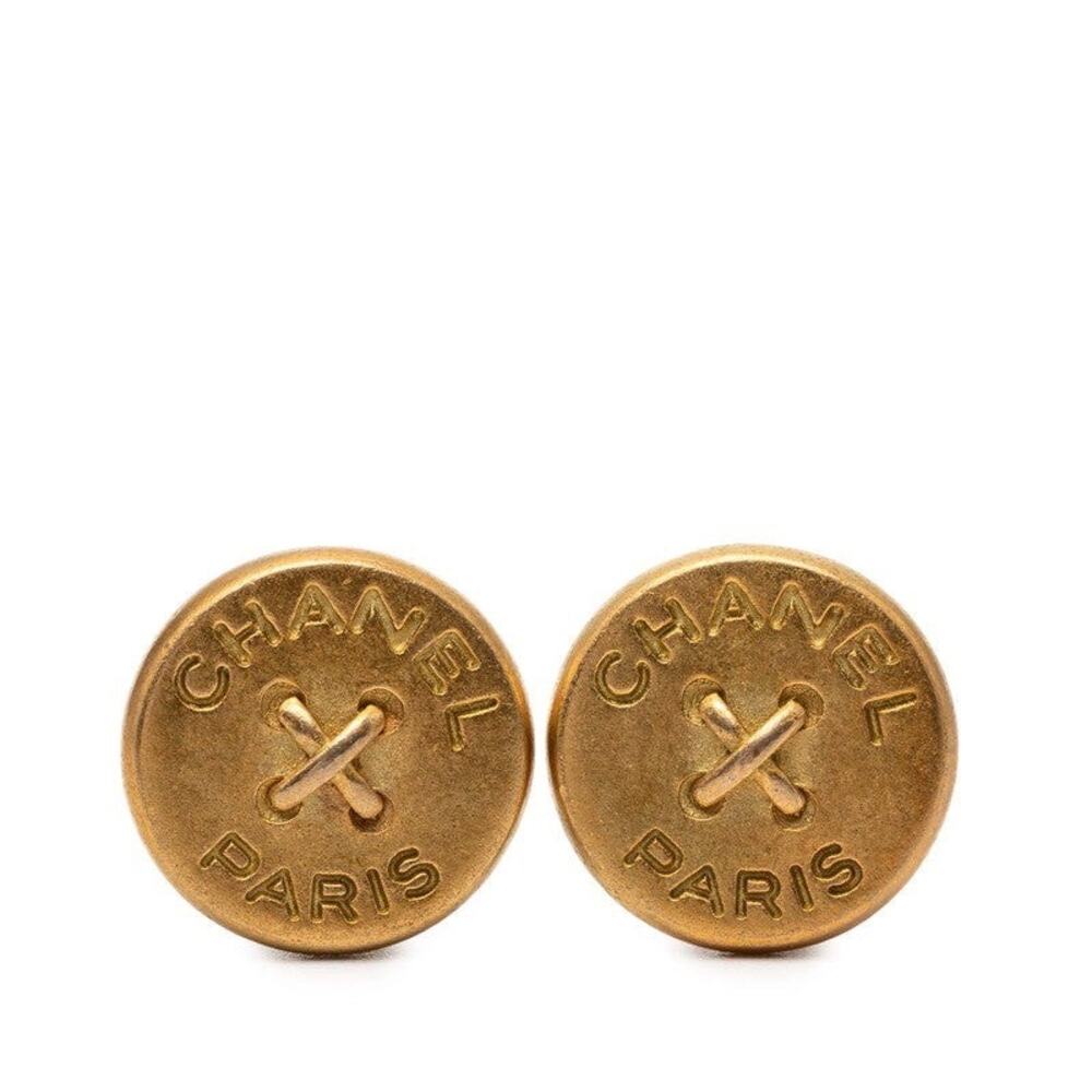 Chanel Logo Button Motif Gold Plated Earrings
